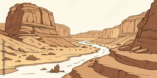 a desert canyon with a river running through it Vector