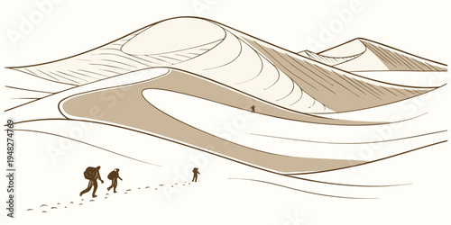 a desert landscape with sand dunes and two people walking Vector