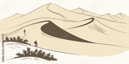a drawing of a desert landscape with mountains Vector