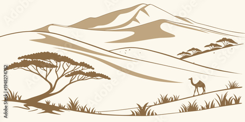 a serene savannah landscape with a tree and a deer Vector