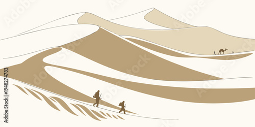a desert landscape with sand dunes and two people walking Vector
