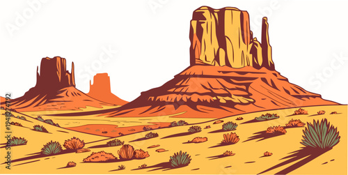 a desert landscape with a large rock formation Vector
