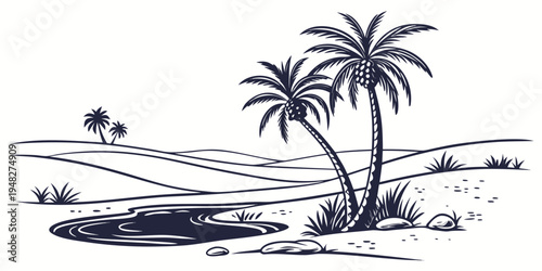 a black and white drawing of two palm trees on a beach Vector