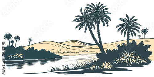 tropical island with palm trees and a body of water Vector