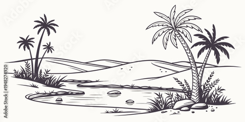 a black and white drawing of a tropical island with palm trees Vector