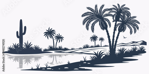 a serene desert landscape with palm trees and a cactus Vector
