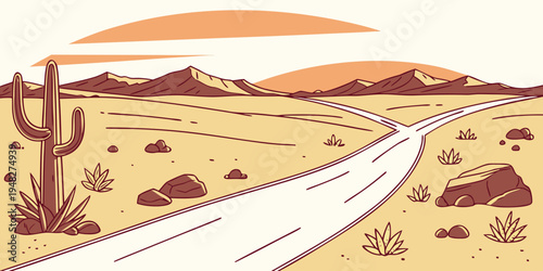 a desert road with a cactus and mountains Vector