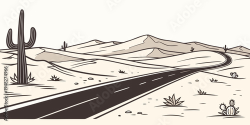 a desert road with a cactus on the side Vector