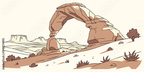 a large rock arch in a desert landscape Vector