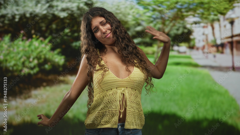 Fototapeta premium Young woman with hand to hair and arm out, wearing yellow knit top showing midriff on street; carefree joy.
