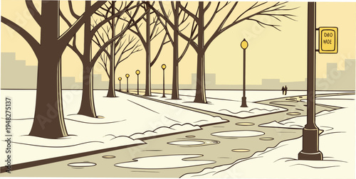 a snowy city street with bare trees and streetlights Vector