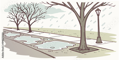 a snowy park with trees and a walking path Vector