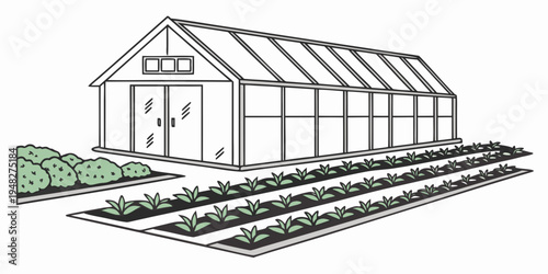 a large greenhouse with rows of plants growing in front Vector