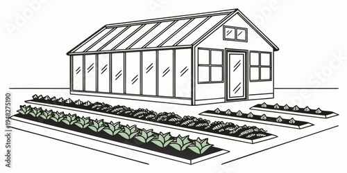 a small greenhouse with a gable roof and several rows of plants Vector