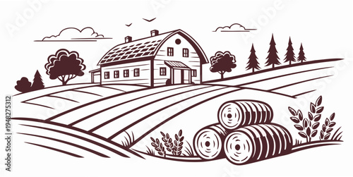 a farm with a house and a field of hay bales Vector