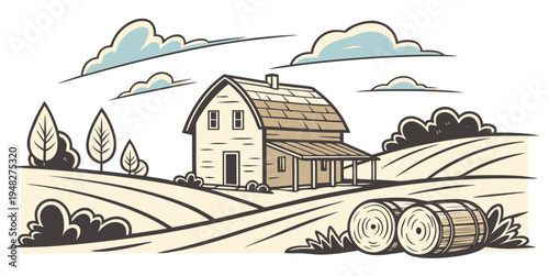 a house on a farm with a tractor in the yard Vector
