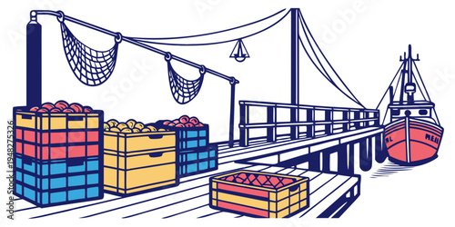 a dock with crates and a boat Vector