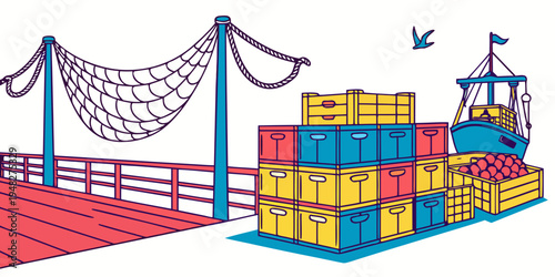 a colorful playground with a climbing wall and net Vector