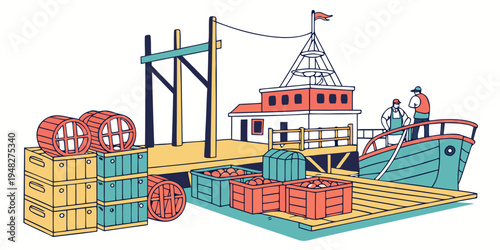 a fishing boat with crates and barrels on the dock Vector
