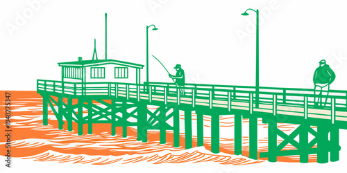 a pier with a building and lights on it Vector