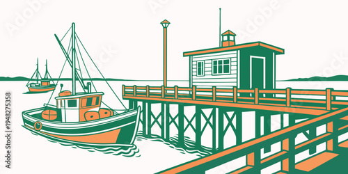 a boat is docked at a pier with a small building Vector