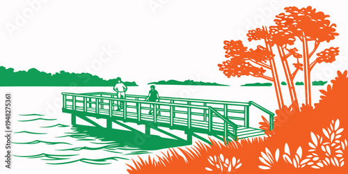 a wooden dock on a lake with trees Vector