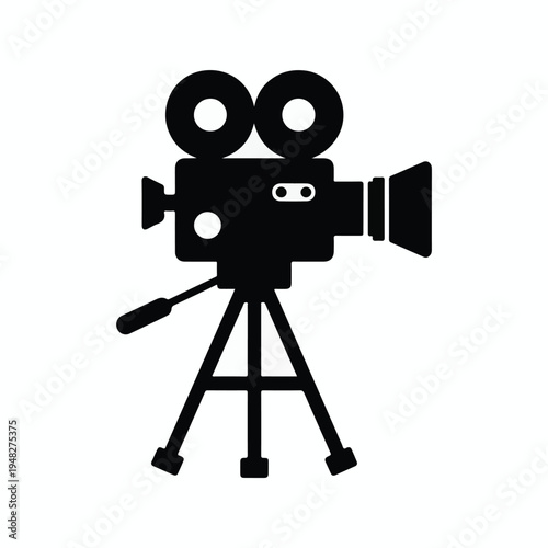 Black silhouette of a classic film camera on a tripod with a single film reel Keywords: film camera, movie camera, video