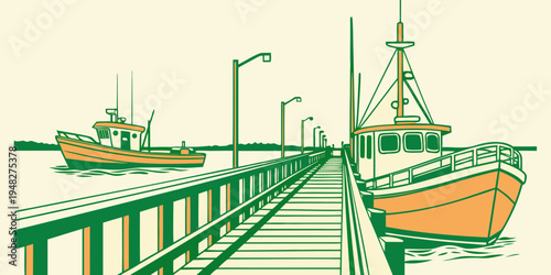 boats are moored at a dock with street lamps Vector