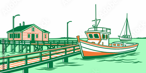 a boat is docked at a pier next to a building Vector