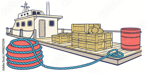a cargo ship with boxes and barrels on deck Vector