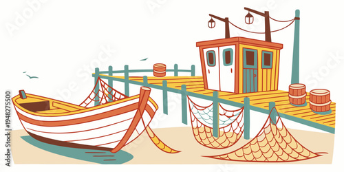 a small fishing boat sitting on the shore next to a pier Vector