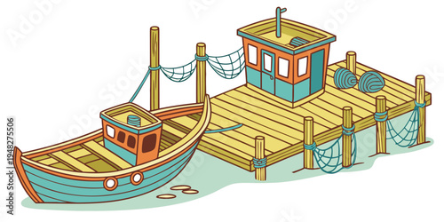 a small boat docked at a wooden pier Vector
