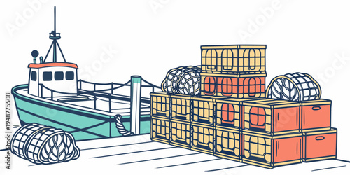 a cargo ship docked next to stacked shipping containers Vector