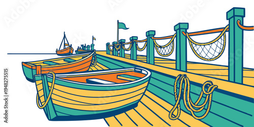 a dock with a boat and a net Vector