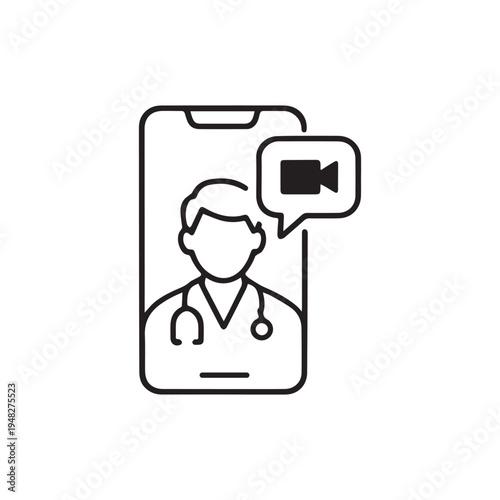 Telemedicine Video Call Icon, Online Doctor Consultation Smartphone Outline, Healthcare Video Chat Line Icon