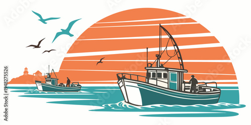 a boat is sailing on the water during sunset Vector