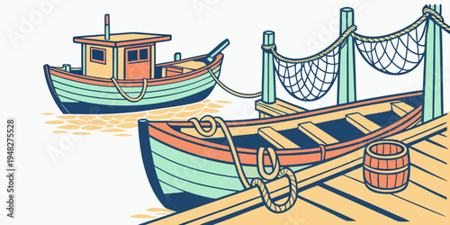 two boats are docked at a pier with fishing nets Vector