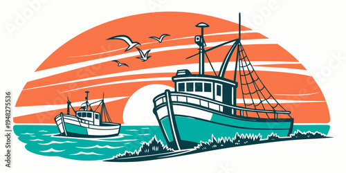 a fishing boat and a smaller boat on the water at sunset Vector