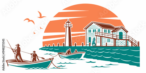 a serene coastal scene with a lighthouse house and boat Vector