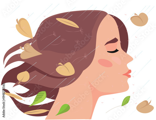 Profile portrait of a young woman with long hair in autumn rain, falling leaves background.
