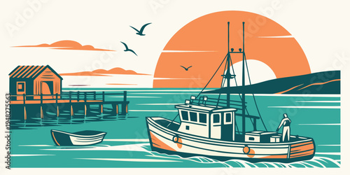 a fishing boat on the water at sunset Vector