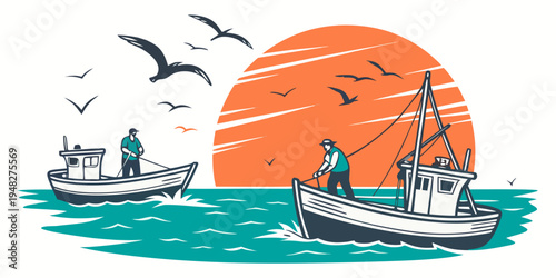 Two fishing boats sailing on the ocean at sunset Vector