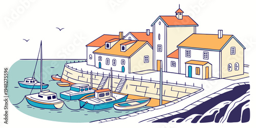 a small coastal town with boats docked in the harbor Vector