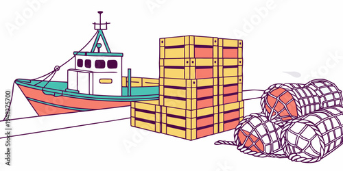 a boat next to a stack of crates and a pile of fishing nets Vector
