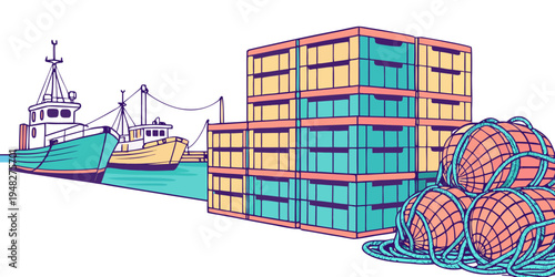 a cargo ship with shipping containers and coils on deck Vector