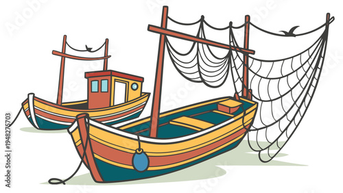 two small fishing boats with nets Vector