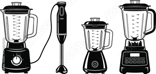Kitchen blender and immersion hand mixer icon set featuring various electric food processors and smoothie makers in a black flat vector illustration