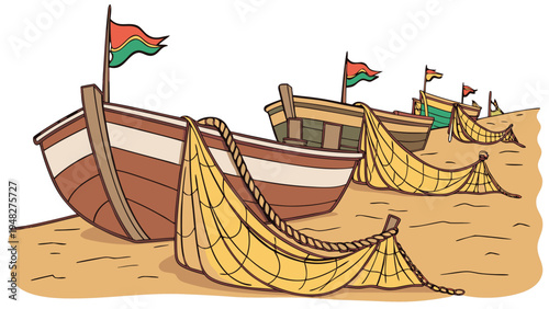 a wooden boat sitting on the sandy beach Vector