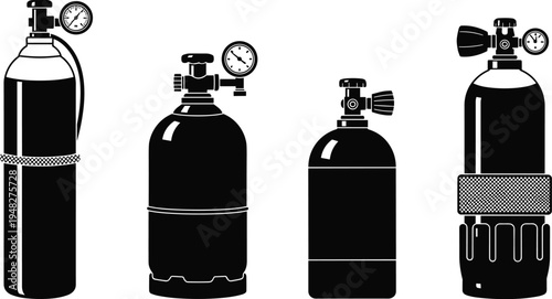 Industrial gas cylinder silhouette set featuring oxygen tanks, propane bottles, diving cylinders, and pressure gauges for medical or welding industry.