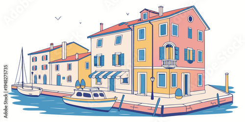 a colorful row of buildings on a waterfront Vector